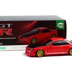 1999 Nissan Skyline GT-R (BNR34) RHD (Right Hand Drive) Red With Black Hood And Gold Wheels With Neon LED Light Underglow 1/18 Diecast Model Car By Greenlight -Closeout Items Sales 19052 5 78084.1625468126.800.600