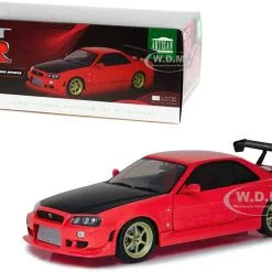 Closeout Items Sales 8 1999 Nissan Skyline GT-R (BNR34) RHD (Right Hand Drive) Red With Black Hood And Gold Wheels With Neon LED Light Underglow 1/18 Diecast Model Car By Greenlight