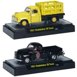 1951 Studebaker 2R Stake Truck Yellow And 1951 Studebaker 2R Pickup Truck Black 2 Piece Set 1/64 Diecast Model Cars By M2 Machines