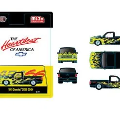 1993 Chevrolet C1500 454SS Pickup Custom Black With Yellow Flames 1/64 Diecast Model Car By M2 Machines