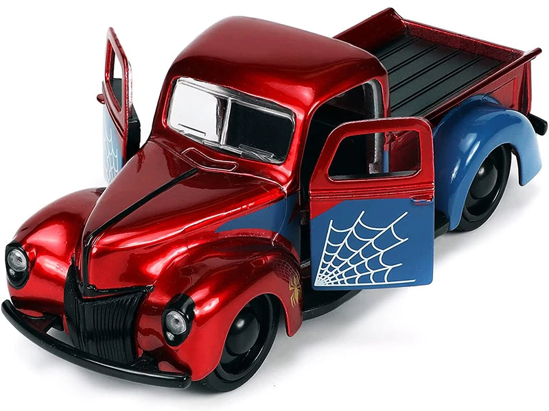 1941 Ford Pickup Truck Candy Red And Blue And Proto-Suit Spider-Man Diecast Figurine "Marvel" Series "Hollywood Rides" Series 1/32 Diecast Model Car By Jada 4 1941 Ford Pickup Truck Candy Red And Blue And Proto-Suit Spider-Man Diecast Figurine "Marvel" Series "Hollywood Rides" Series 1/32 Diecast Model Car By Jada - Image 2