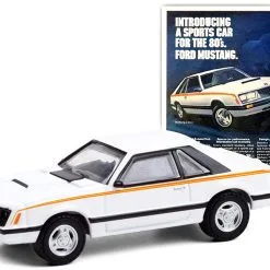 1980 Ford Mustang White With Stripes "Introducing A Sports Car For The 80's. Ford Mustang" "Vintage Ad Cars" Series 4 1/64 Diecast Model Car By Greenlight -Closeout Items Sales 39060D 3 24244.1613685871.800.600