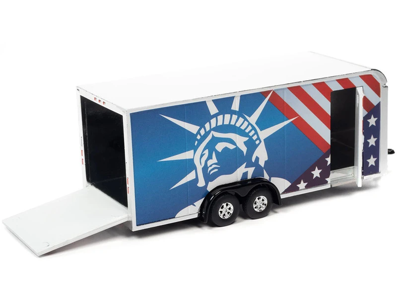 4-Wheel Enclosed Car Trailer Patriotic With Graphics 1/64 Diecast Model By Auto World 4 4-Wheel Enclosed Car Trailer Patriotic With Graphics 1/64 Diecast Model By Auto World - Image 2