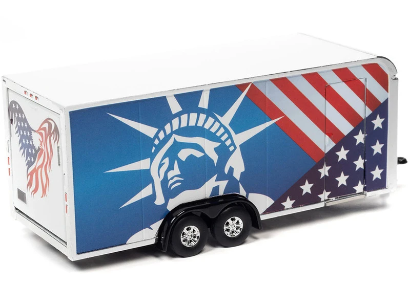 4-Wheel Enclosed Car Trailer Patriotic With Graphics 1/64 Diecast Model By Auto World 5 4-Wheel Enclosed Car Trailer Patriotic With Graphics 1/64 Diecast Model By Auto World - Image 3