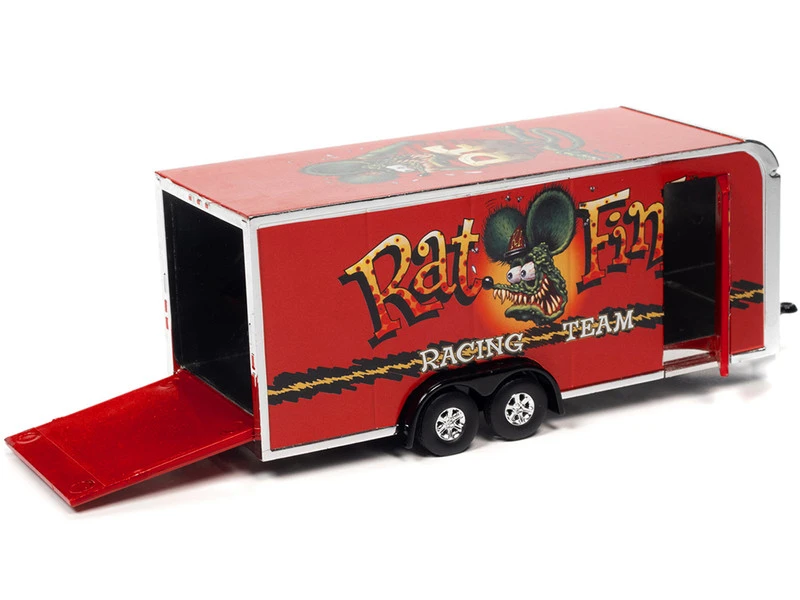 4-Wheel Enclosed Car Trailer Red "Rat Fink" 1/64 Diecast Model By Auto World 4 4-Wheel Enclosed Car Trailer Red "Rat Fink" 1/64 Diecast Model By Auto World - Image 2