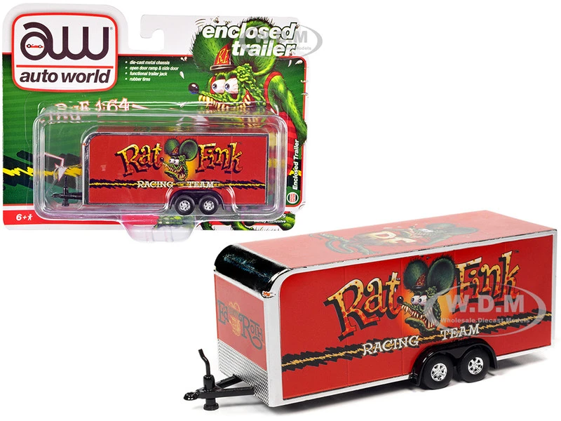 4-Wheel Enclosed Car Trailer Red "Rat Fink" 1/64 Diecast Model By Auto World 3 4-Wheel Enclosed Car Trailer Red "Rat Fink" 1/64 Diecast Model By Auto World