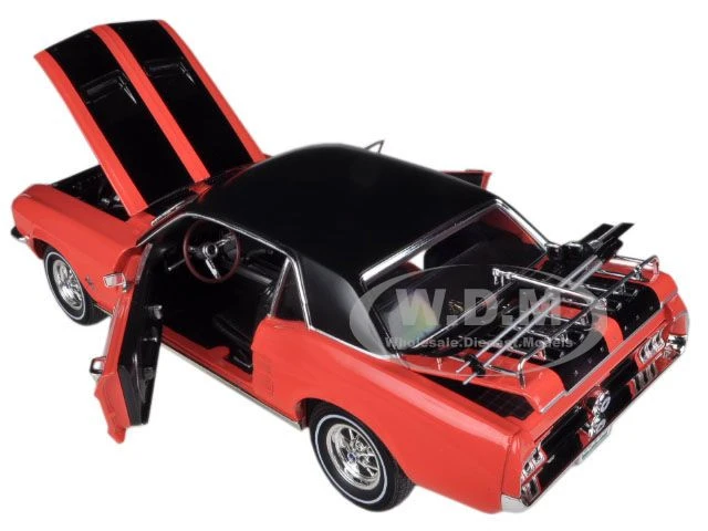 1967 Ford Mustang Coupe "Ski Country Special" Aspen Red With Black Stripes And Black Vinyl Roof And A Pair Of Skies 1/18 Diecast Model Car By Greenlight 4 1967 Ford Mustang Coupe "Ski Country Special" Aspen Red With Black Stripes And Black Vinyl Roof And A Pair Of Skies 1/18 Diecast Model Car By Greenlight - Image 2