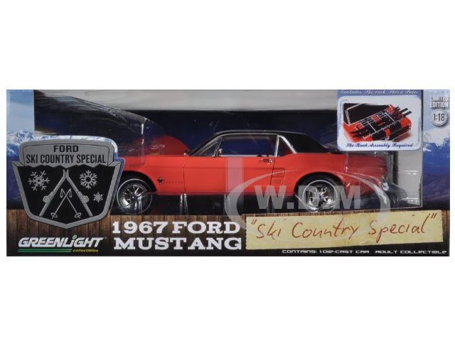 1967 Ford Mustang Coupe "Ski Country Special" Aspen Red With Black Stripes And Black Vinyl Roof And A Pair Of Skies 1/18 Diecast Model Car By Greenlight 8 1967 Ford Mustang Coupe "Ski Country Special" Aspen Red With Black Stripes And Black Vinyl Roof And A Pair Of Skies 1/18 Diecast Model Car By Greenlight - Image 6