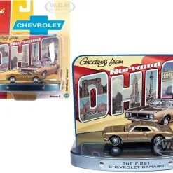 1967 Chevrolet Camaro Gold With Gold Interior With Collectible Tin Display "The First Chevrolet Camaro" "Greetings From Norwood, Birth Place Of The Camaro" 1/64 Diecast Model Car By Johnny Lightning